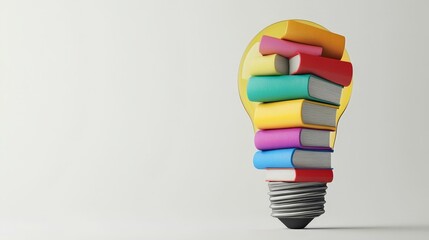 Leinwandbilder - A striking 3D illustration of colorful books stacked to form a light bulb.