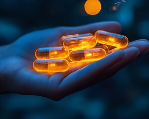 Glowing capsules held in a hand, symbolizing the future of revolutionary medicine treatment and healthcare advancements