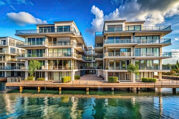 Residential building with multiple terraces on waterfront with a forced perspective view