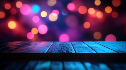 Wall Mural - Wooden Tabletop with Colorful Bokeh Lights