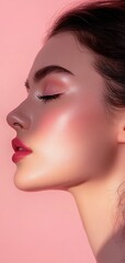 woman with makeup on her face, side profile view