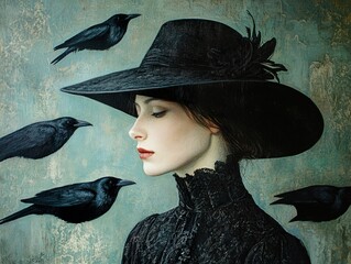 Canvas Print - Mysterious Woman in Black with Crows - Portrait Painting