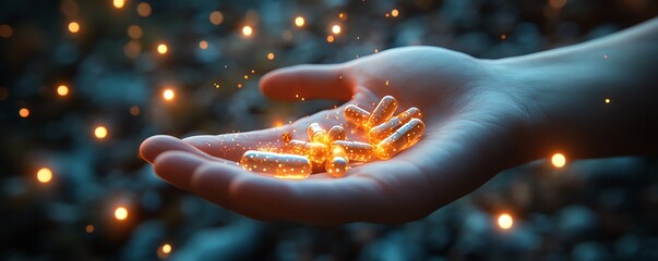 Hand carefully holding glowing capsules, illustrating the power of a new and revolutionary medicine treatment