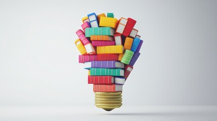 Leinwandbilder - A unique 3D visualization depicts colorful books piled high to create a light bulb shape.