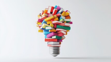 Leinwandbilder - A unique 3D visualization depicts colorful books piled high to create a light bulb shape.