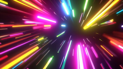 Leinwandbilder - Abstract 3D background featuring colorful neon rays and glowing lines, showcasing a vivid spectrum of light and energy