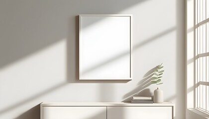 Wall Mural - Minimalist A4 White Canvas Mockup in a Contemporary Living Room Setting