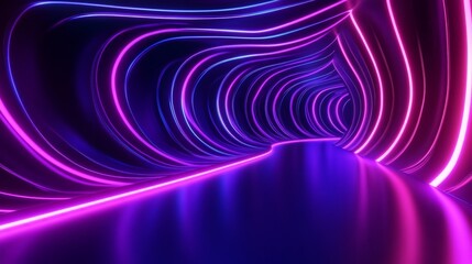 Poster - Abstract 3D background with a panoramic neon design, showcasing bright purple, violet, and pink lines illuminated by ultraviolet light