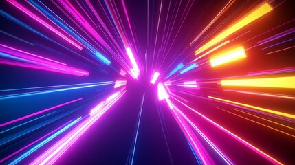 Poster - Abstract 3D background with bright neon rays and glowing lines in a spectrum of colors, delivering a vivid and energetic visual experience