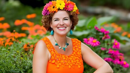 A woman wearing a floral crown, sitting in a meadow filled with wildflowers