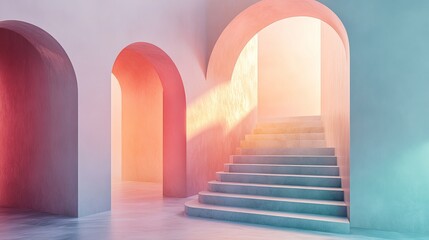 Aufkleber - Abstract 3D geometric design featuring an arch and stairs in a modern interior, highlighted by a gradient pastel color palette