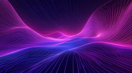 Poster - Abstract 3D neon background featuring a panoramic view with vivid purple, violet, and pink lines glowing in UV light
