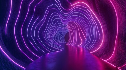 Poster - Abstract 3D neon background with a panoramic perspective, showcasing glowing purple, violet, and pink lines under UV light