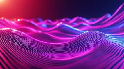 Poster - Abstract 3D neon background with a panoramic perspective, showcasing glowing purple, violet, and pink lines under UV light