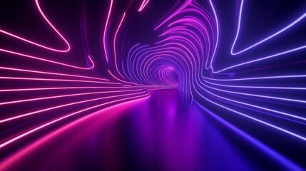 Poster - Abstract 3D neon background with a panoramic perspective, showcasing glowing purple, violet, and pink lines under UV light