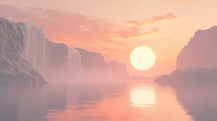 Aufkleber - Abstract 3D render featuring a modern zen landscape with cliffs and water, set against a minimalistic backdrop with a glowing sunset or sunrise