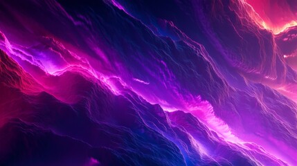 Wall Mural - Abstract 3D render featuring a panoramic neon background with vibrant purple, violet, and pink lines glowing in UV light