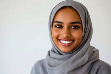 A woman wearing a gray headscarf smiles at the camera