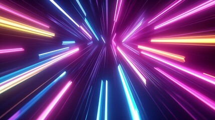 Poster - Abstract 3D render featuring a spectrum of neon rays and glowing lines, delivering a vivid and bright background with energetic hues