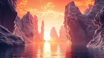 Canvas Print - Abstract 3D render of a fantasy landscape with majestic rocks and serene water, featuring a mystical background and zen-inspired red sunset lighting