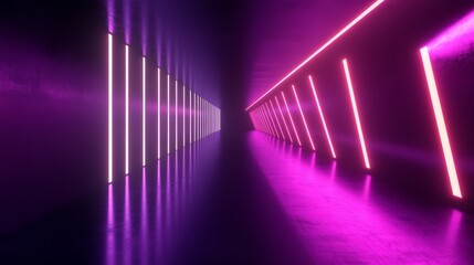 Poster - Abstract 3D render of a neon background with panoramic glowing purple, violet, and pink lines in ultraviolet light