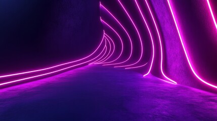 Poster - Abstract 3D render of a neon background with panoramic glowing purple, violet, and pink lines in ultraviolet light
