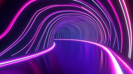 Wall Mural - Abstract 3D render of a panoramic neon background with glowing purple, violet, and pink lines in ultraviolet illumination