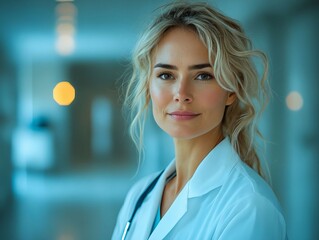 Sticker - A woman in a white lab coat with a stethoscope on her neck