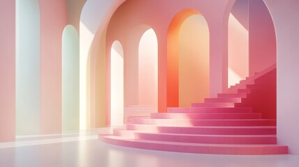 Poster - Abstract 3D render showcasing a modern geometric interior with arches and stairs, set against a trendy gradient pastel backdrop