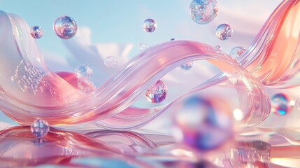 Poster - Abstract 3D render showcasing a glass ribbon on water with floating geometric shapes like circles and spheres.