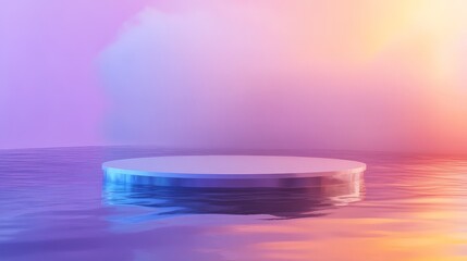 Abstract 3D render with a round platform on water and transparent glass walls. Minimalist rainbow-colored landscape for product showcase banners.