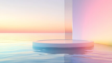 Poster - Abstract 3D render with a round platform on water and transparent glass walls. Minimalist rainbow-colored landscape for product showcase banners.