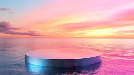 Poster - Abstract 3D render with a round platform on water and glass walls. Minimalist rainbow-colored landscape for product showcase banners