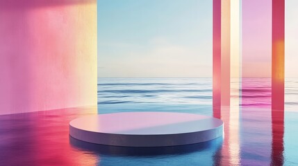 Poster - Abstract 3D render with a round platform on water and glass walls. Minimalist rainbow-colored landscape for product showcase banners