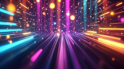 Poster - Abstract 3D render with neon rays and glowing lines in a vibrant spectrum of colors, delivering a bright and lively background