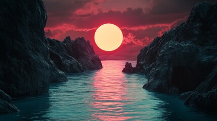 Poster - Abstract 3D scene of a fantasy landscape with dramatic rocks and serene water, featuring a spiritual zen atmosphere with red sunset light