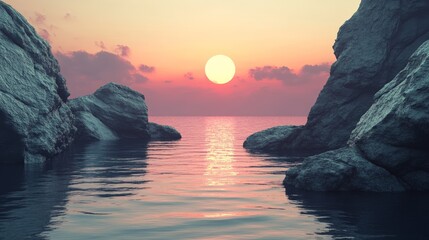 Poster - Abstract 3D scene of a fantasy landscape with dramatic rocks and serene water, featuring a spiritual zen atmosphere with red sunset light