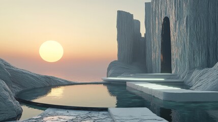 Poster - Abstract 3D scene of a modern zen landscape with cliffs and water, enhanced by futuristic elements and a minimalist background with sunset light