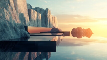 Poster - Abstract 3D scene of a modern zen landscape with cliffs and water, enhanced by futuristic elements and a minimalist background with sunset light