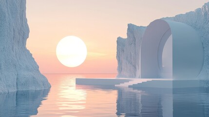 Poster - Abstract 3D scene showcasing a futuristic cliffside and reflective water, enhanced by a modern minimal backdrop and gentle sunrise light