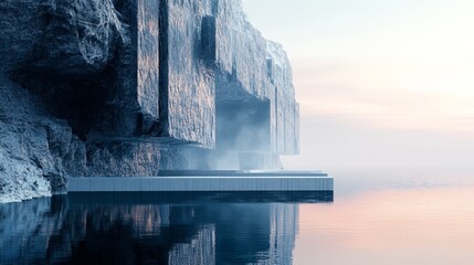 Poster - Abstract 3D scene showcasing a futuristic cliffside and reflective water, enhanced by a modern minimal backdrop and gentle sunrise light