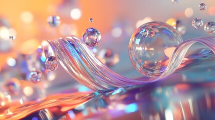 Poster - Abstract 3D scene showcasing a glass ribbon on water with surrounding geometric circles and spheres. Holographic shapes in motion provide a vibrant