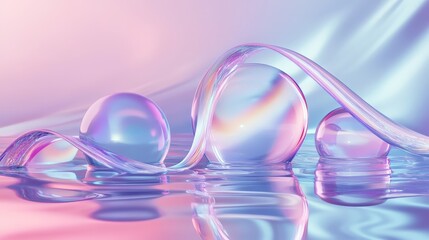 Poster - Abstract 3D scene with a glass ribbon on water and geometric shapes including circles and spheres. Iridescent holographic elements in motion add a glossy touch to digital art,