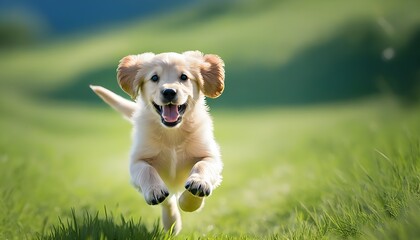 Wall Mural - Joyful golden retriever puppy frolics through lush green grass