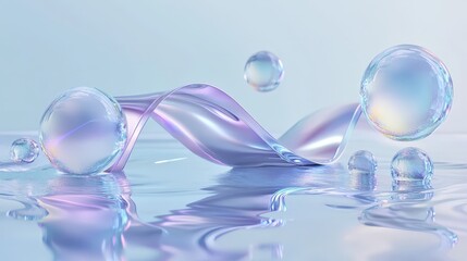 Poster - Abstract 3D scene with a transparent glass ribbon on water and floating geometric circles and spheres.