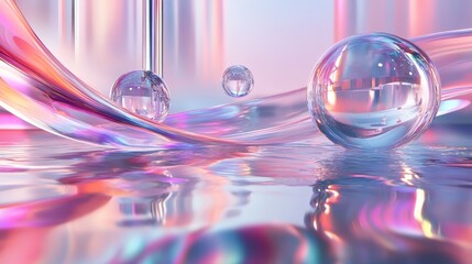 Poster - Abstract 3D scene with a transparent glass ribbon on water and floating geometric circles and spheres.