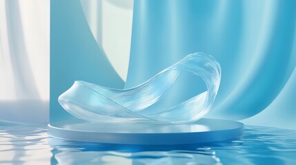 Poster - Abstract 3D scene with a transparent podium and wavy glass ribbon on water, set against a holographic blue geometric backdrop.