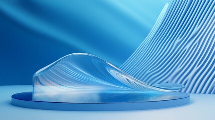 Poster - Abstract 3D scene with a transparent podium and wavy glass ribbon on water, set against a holographic blue geometric backdrop.