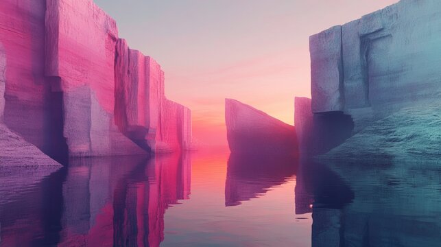 Abstract 3D scene with futuristic cliffs and reflective water, set against a zen-inspired minimalist background and illuminated by sunset or sunrise