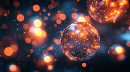 Poster - Abstract 3D spheres with a glowing effect, floating in a space with a dark background, creating a luminous and ethereal atmosphere